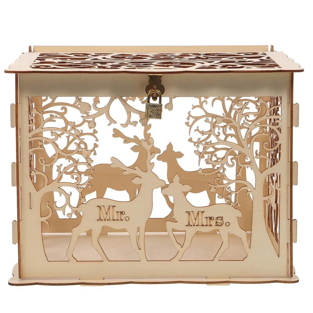 Wedding Card Box Mr Mrs Deer Rustic Wood Laser Cut Guest Book Alternative